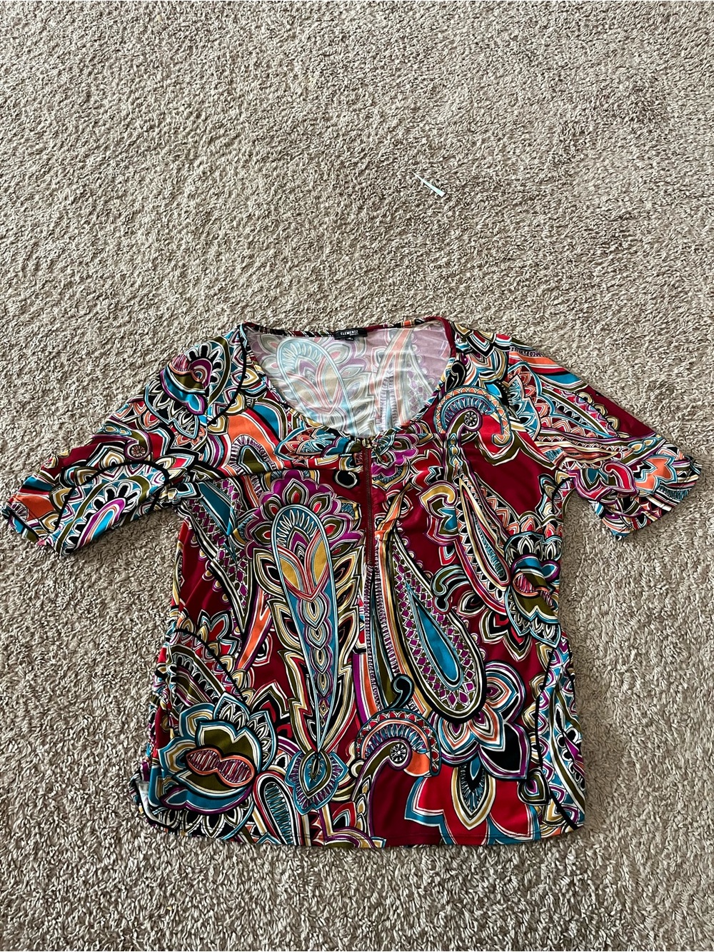 Elementz Multicolor Red Paisley Blouse Short Sleeve Ruched Zip Up Front 3XL